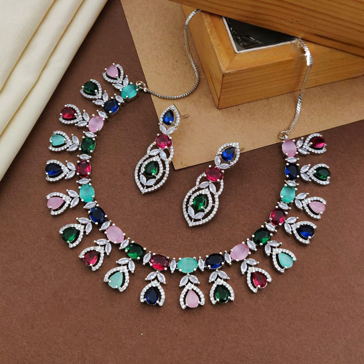 Silver-Plated Multicolor Stone Necklace Set with Earrings | Bridal & Party Wear Designer Jewelry - Libasaa.com