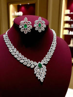 Magenta Teardrop CZ Necklace Set with Floral Earrings Silver-Toned Statement Bridal Jewelry - Libasaa.com
