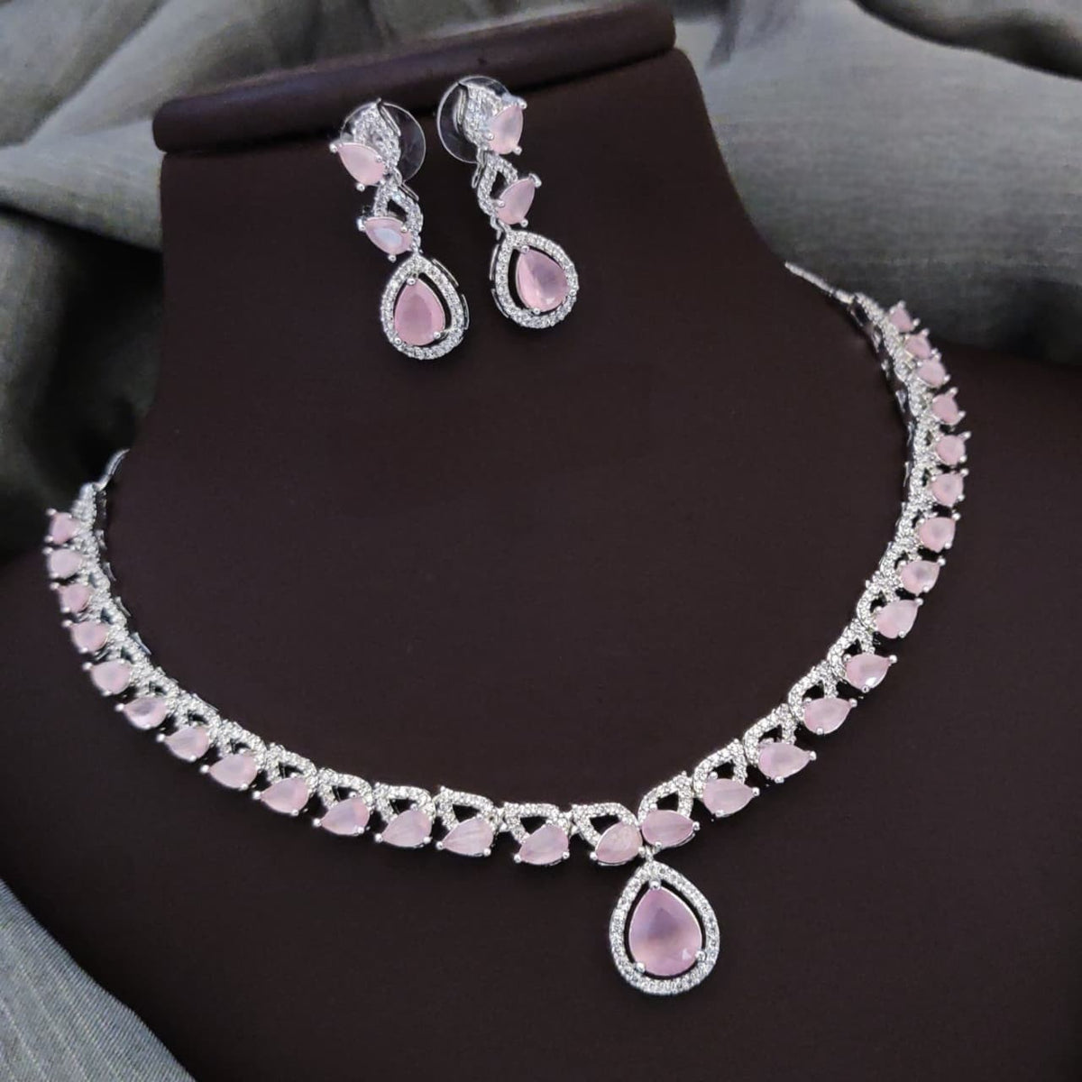 Silver-Plated Red Stone Necklace Set with Earrings | Bridal & Party Wear Designer Jewelry - Libasaa.com