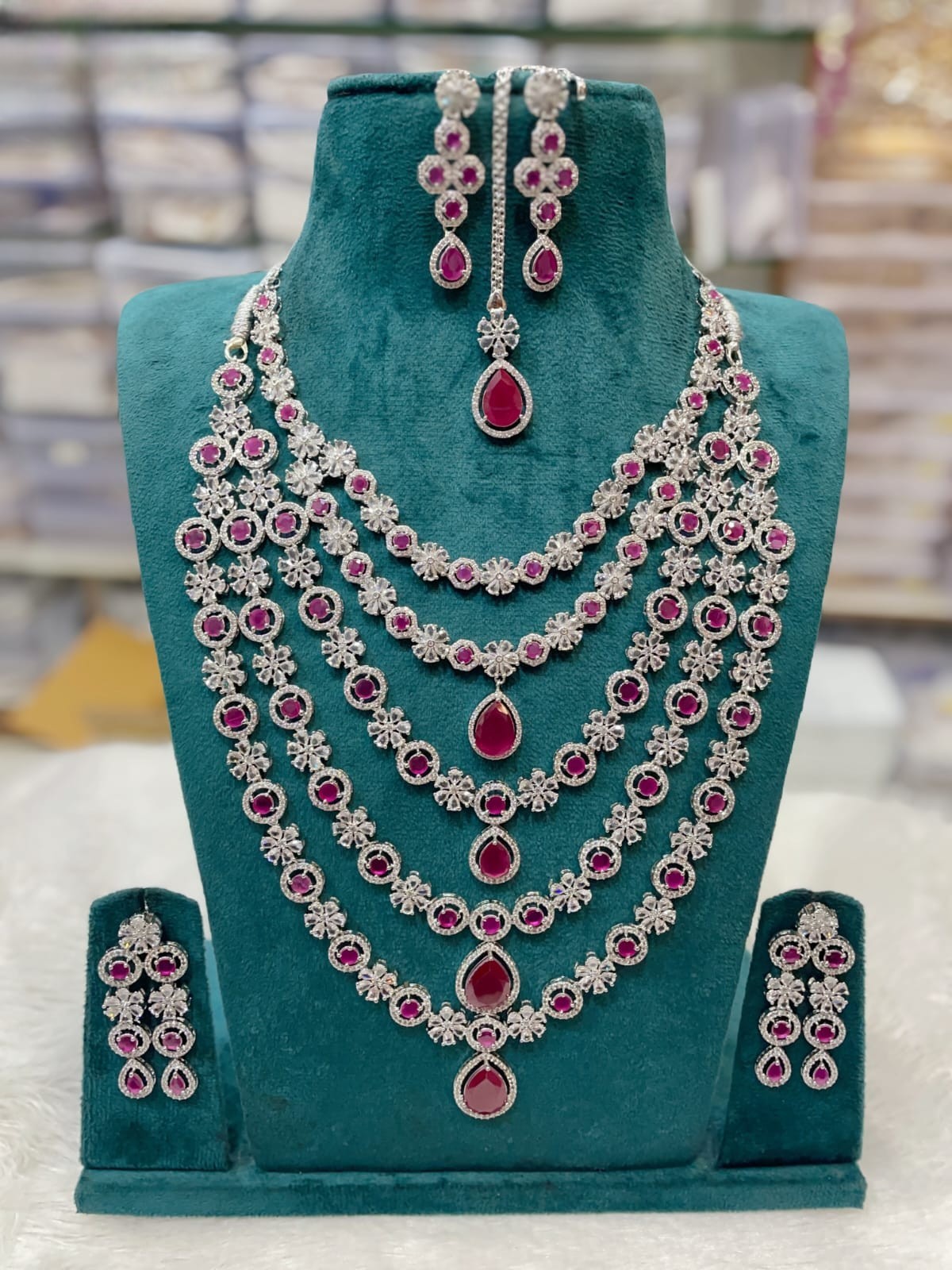 Silver-Plated Ruby Stone Bridal Necklace Set with Earrings | Indian Wedding Jewelry - Libasaa.com