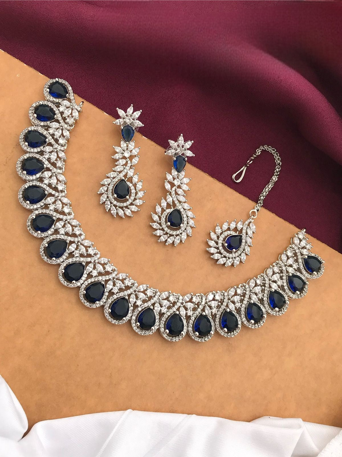 Silver-Plated Ruby Stone Necklace Set with Earrings & Maang Tikka | Bridal Wedding Jewelry - Libasaa.com