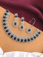Silver-Plated Ruby Stone Necklace Set with Earrings & Maang Tikka | Bridal Wedding Jewelry - Libasaa.com