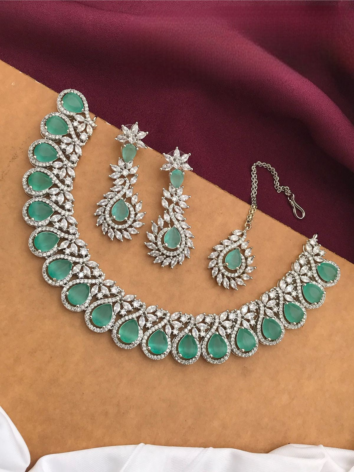 Silver-Plated Ruby Stone Necklace Set with Earrings & Maang Tikka | Bridal Wedding Jewelry - Libasaa.com