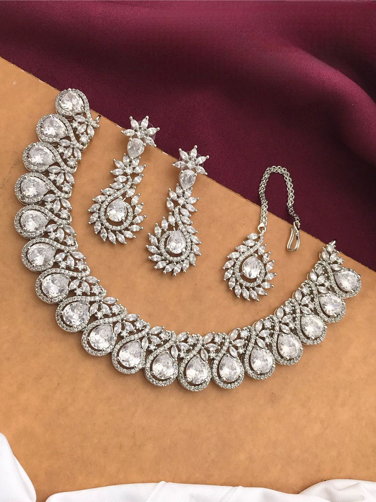 Silver-Plated Ruby Stone Necklace Set with Earrings & Maang Tikka | Bridal Wedding Jewelry - Libasaa.com