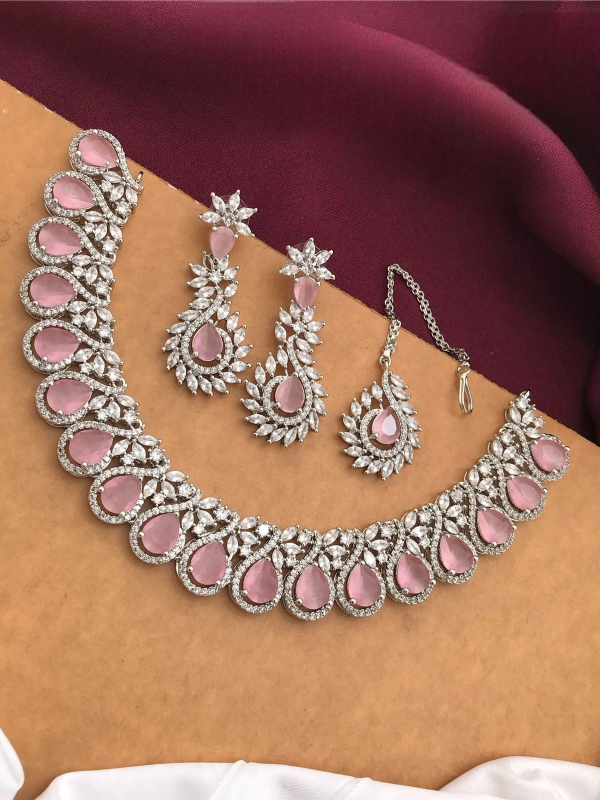 Silver-Plated Ruby Stone Necklace Set with Earrings & Maang Tikka | Bridal Wedding Jewelry - Libasaa.com