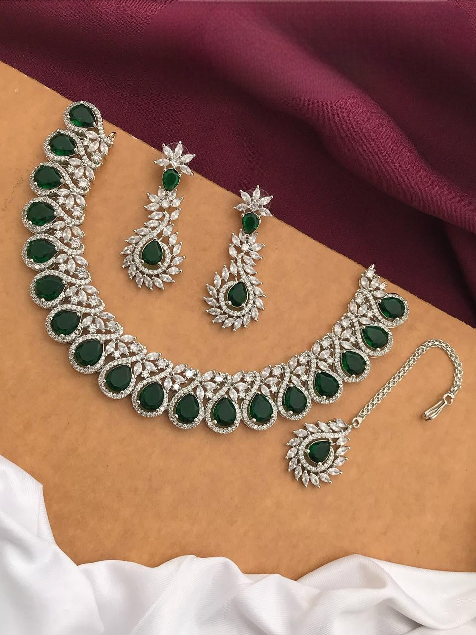 Silver-Plated Ruby Stone Necklace Set with Earrings & Maang Tikka | Bridal Wedding Jewelry - Libasaa.com