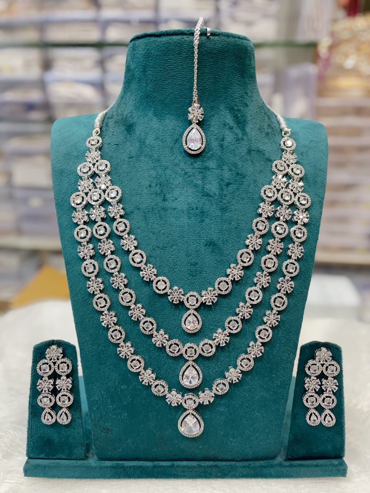 Silver-Plated White CZ Stone Bridal Necklace Set with Earrings & Maang Tikka | Wedding Jewelry - Libasaa.com