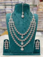 Silver-Plated White CZ Stone Bridal Necklace Set with Earrings & Maang Tikka | Wedding Jewelry - Libasaa.com