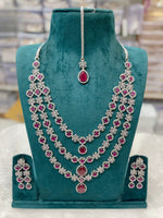 Silver-Plated White CZ Stone Bridal Necklace Set with Earrings & Maang Tikka | Wedding Jewelry - Libasaa.com