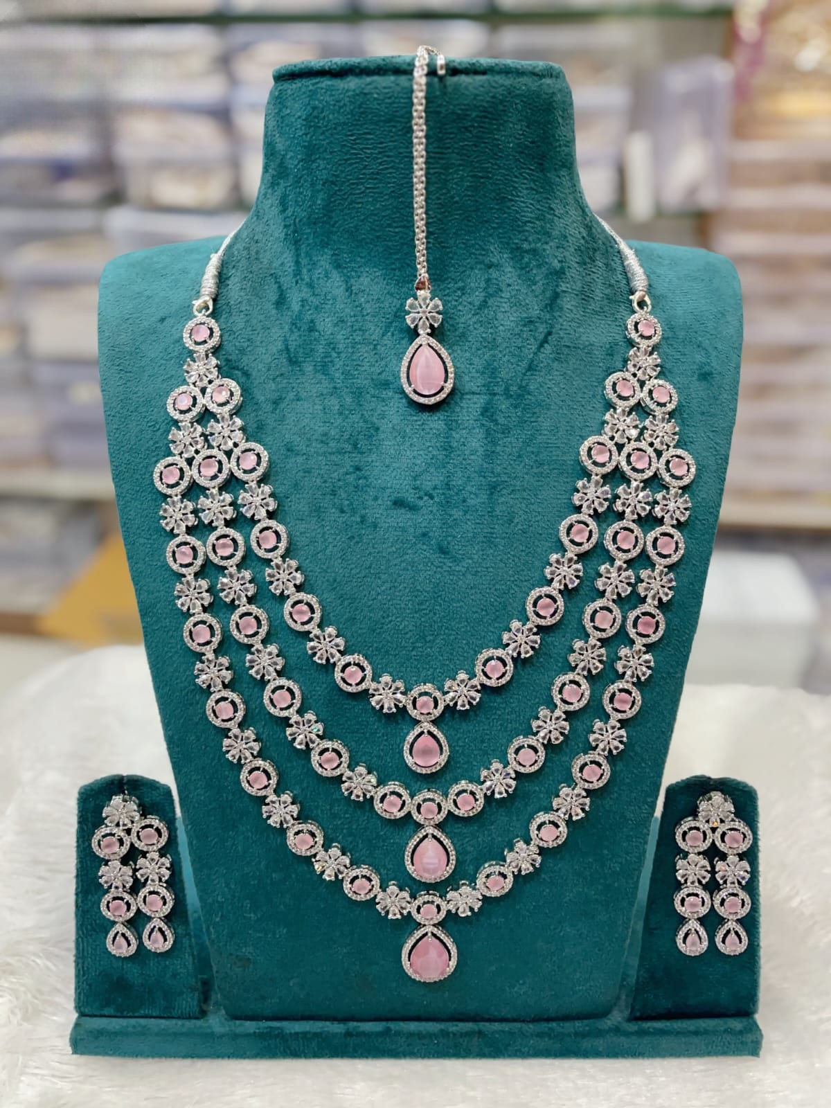 Silver-Plated White CZ Stone Bridal Necklace Set with Earrings & Maang Tikka | Wedding Jewelry - Libasaa.com