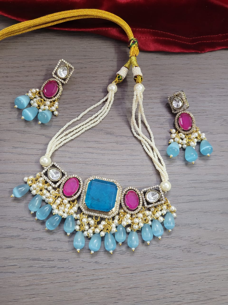 Green Kundan Choker Necklace Set with Earrings | Pearl & Beaded Indian Bridal Jewelry - Libasaa.com