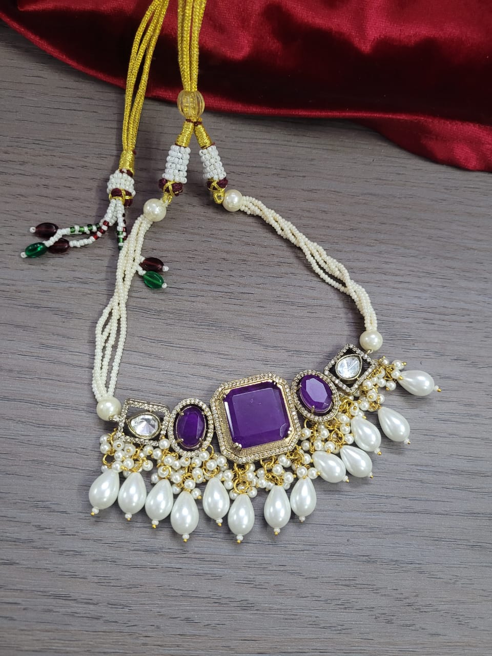 Green Kundan Choker Necklace Set with Earrings | Pearl & Beaded Indian Bridal Jewelry - Libasaa.com