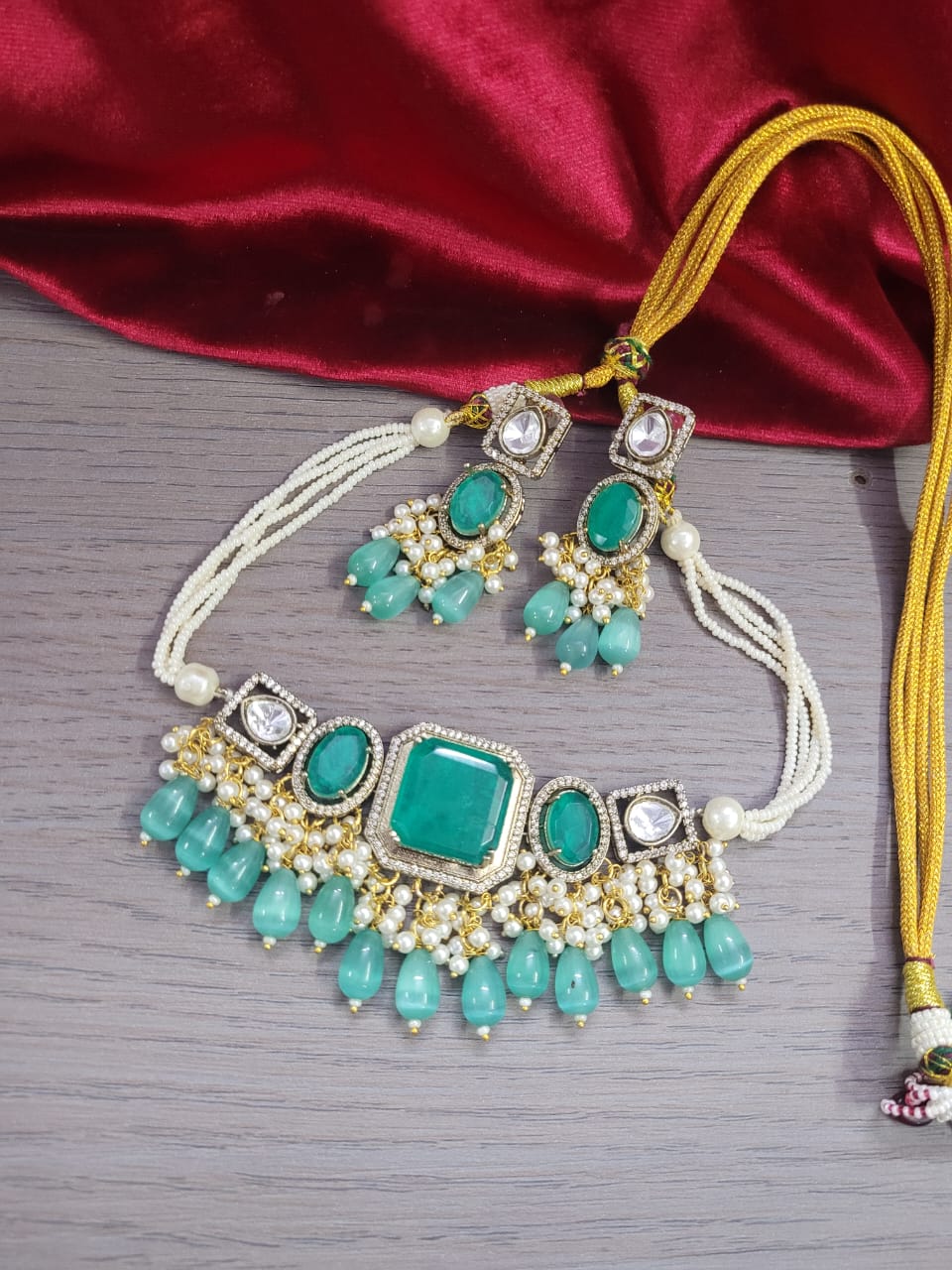 Green Kundan Choker Necklace Set with Earrings | Pearl & Beaded Indian Bridal Jewelry - Libasaa.com