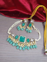 Green Kundan Choker Necklace Set with Earrings | Pearl & Beaded Indian Bridal Jewelry - Libasaa.com