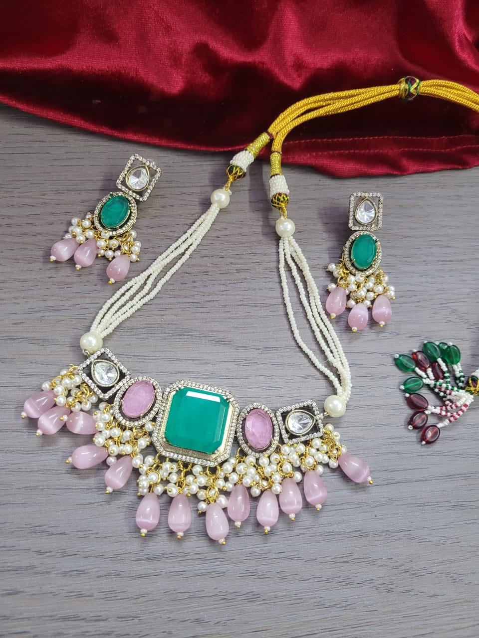 Green Kundan Choker Necklace Set with Earrings | Pearl & Beaded Indian Bridal Jewelry - Libasaa.com
