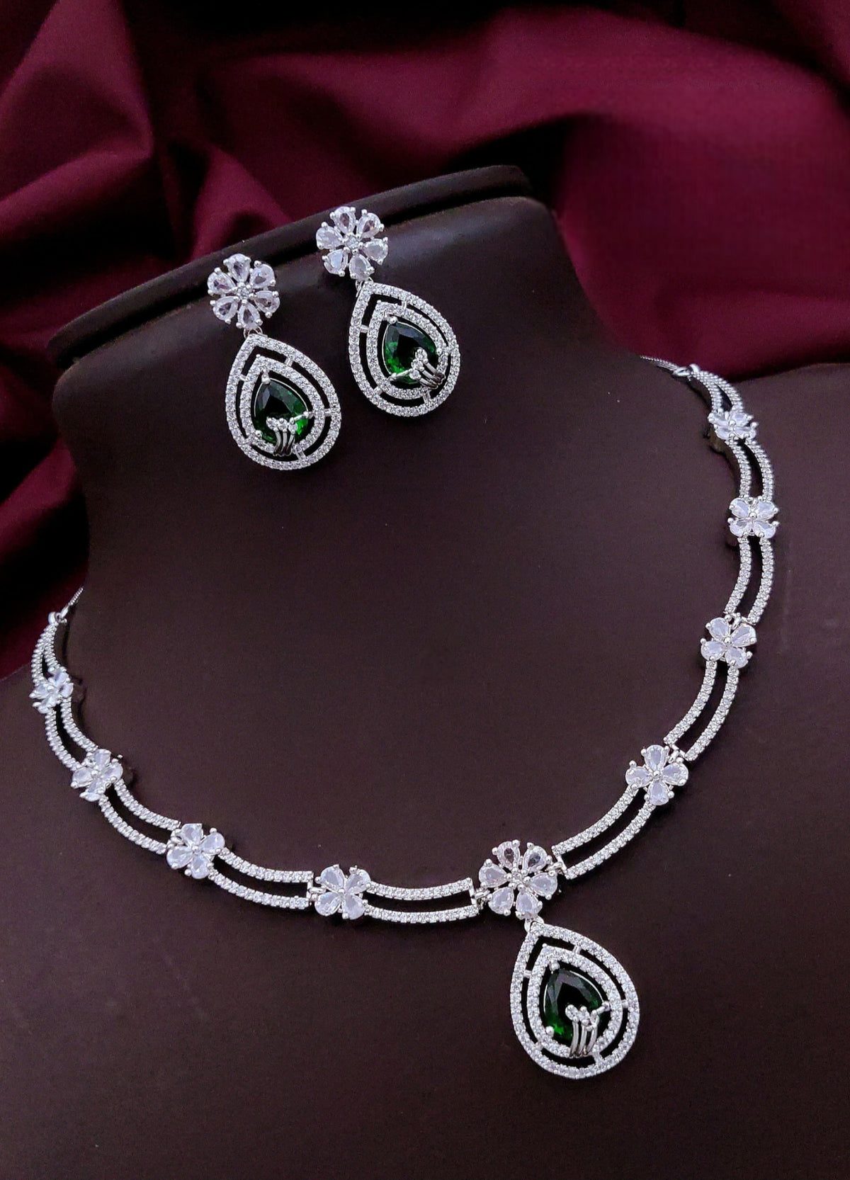 Silver-Plated Pink Stone Necklace & Earrings Set | Elegant Bridal & Party Wear Jewelry for Women - Libasaa.com