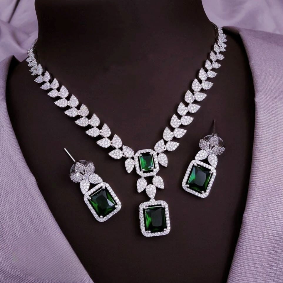 Silver-Plated Red Stone Necklace & Earrings Set | Bridal Wedding & Party Wear Jewelry for Women - Libasaa.com