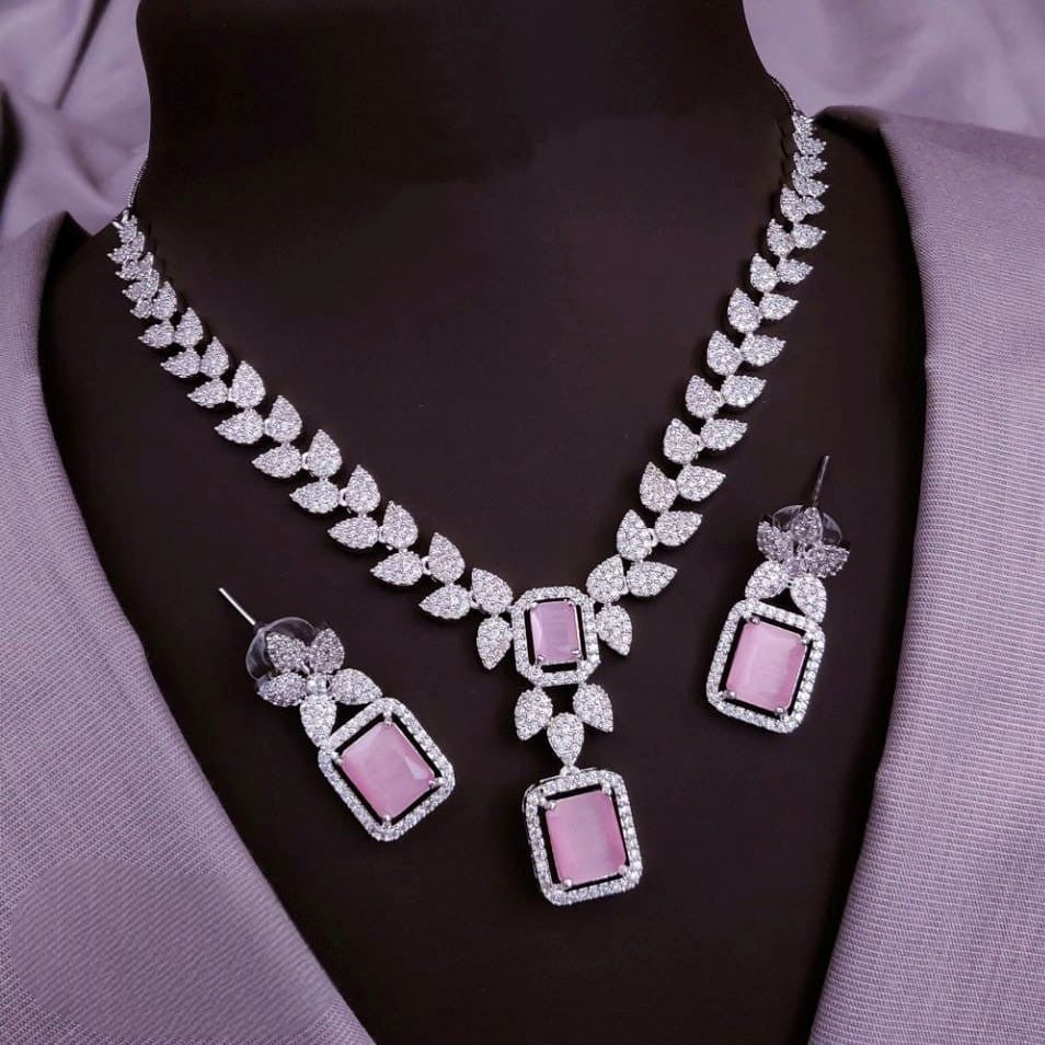 Silver-Plated Red Stone Necklace & Earrings Set | Bridal Wedding & Party Wear Jewelry for Women - Libasaa.com