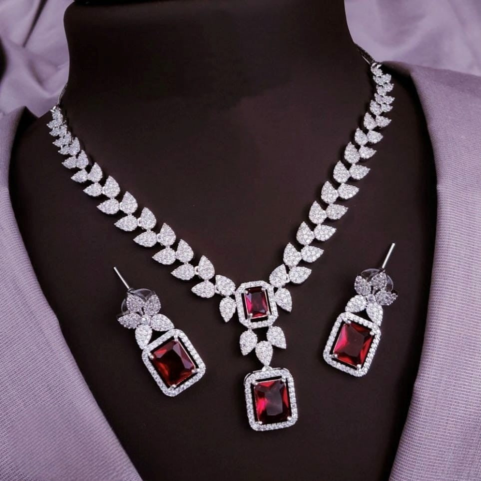 Silver-Plated Red Stone Necklace & Earrings Set | Bridal Wedding & Party Wear Jewelry for Women - Libasaa.com
