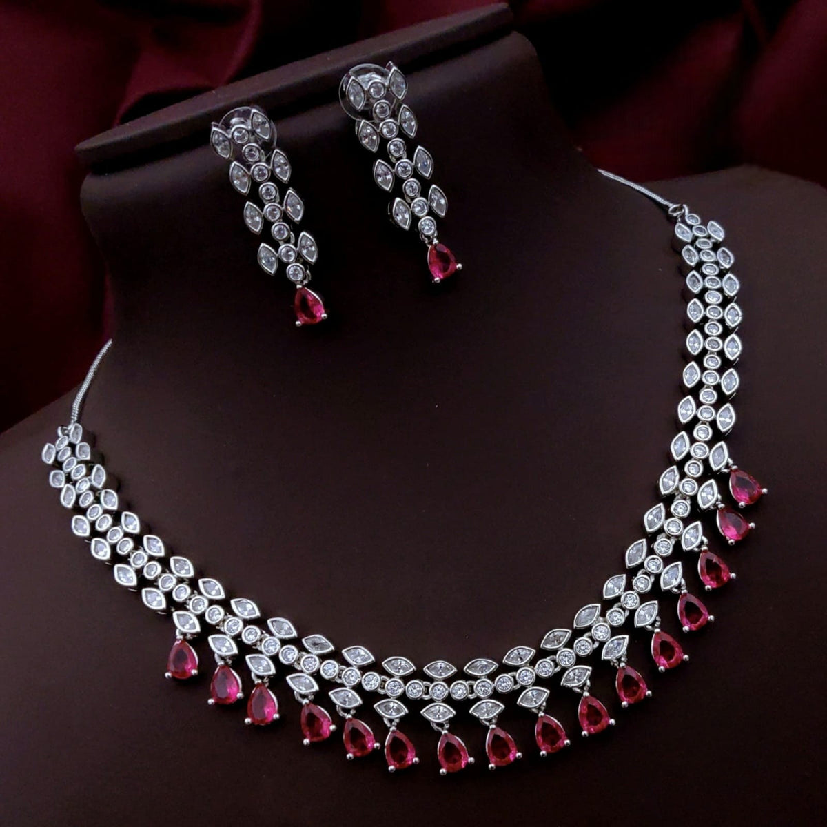 Silver-Plated Green Stone Necklace & Earrings Set | Elegant Bridal & Party Wear Jewelry for Women - Libasaa.com