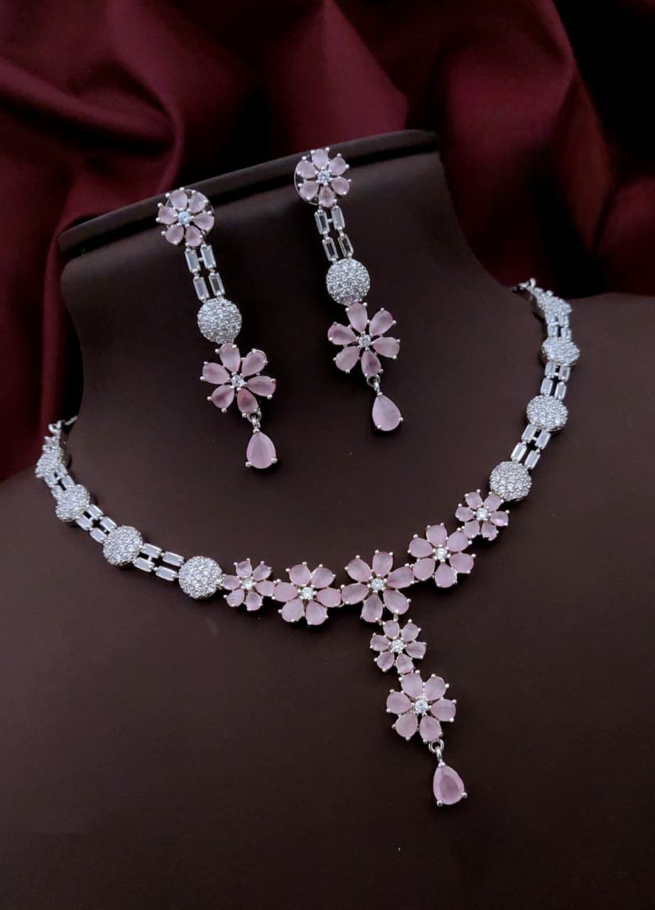 Silver-Plated Purple Stone Floral Necklace & Earrings Set | Elegant Bridal & Party Wear Jewelry for Women - Libasaa.com