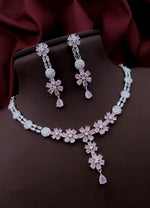 Silver-Plated Purple Stone Floral Necklace & Earrings Set | Elegant Bridal & Party Wear Jewelry for Women - Libasaa.com