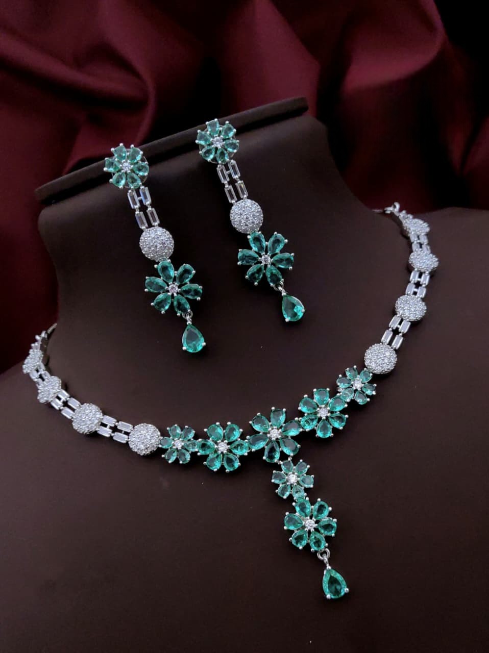 Silver-Plated Purple Stone Floral Necklace & Earrings Set | Elegant Bridal & Party Wear Jewelry for Women - Libasaa.com