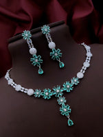 Silver-Plated Purple Stone Floral Necklace & Earrings Set | Elegant Bridal & Party Wear Jewelry for Women - Libasaa.com