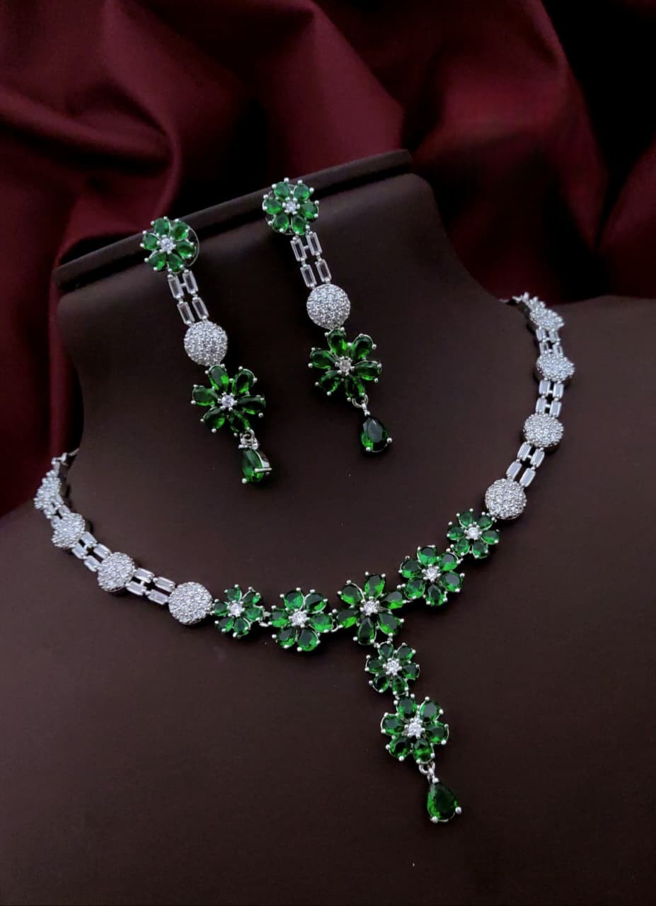 Silver-Plated Purple Stone Floral Necklace & Earrings Set | Elegant Bridal & Party Wear Jewelry for Women - Libasaa.com