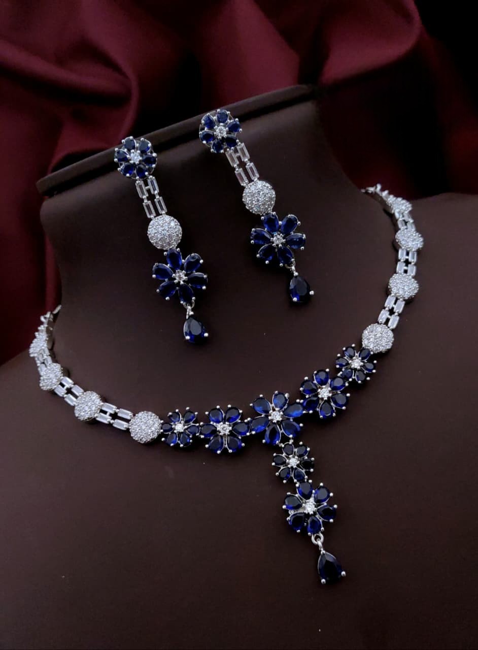 Silver-Plated Purple Stone Floral Necklace & Earrings Set | Elegant Bridal & Party Wear Jewelry for Women - Libasaa.com