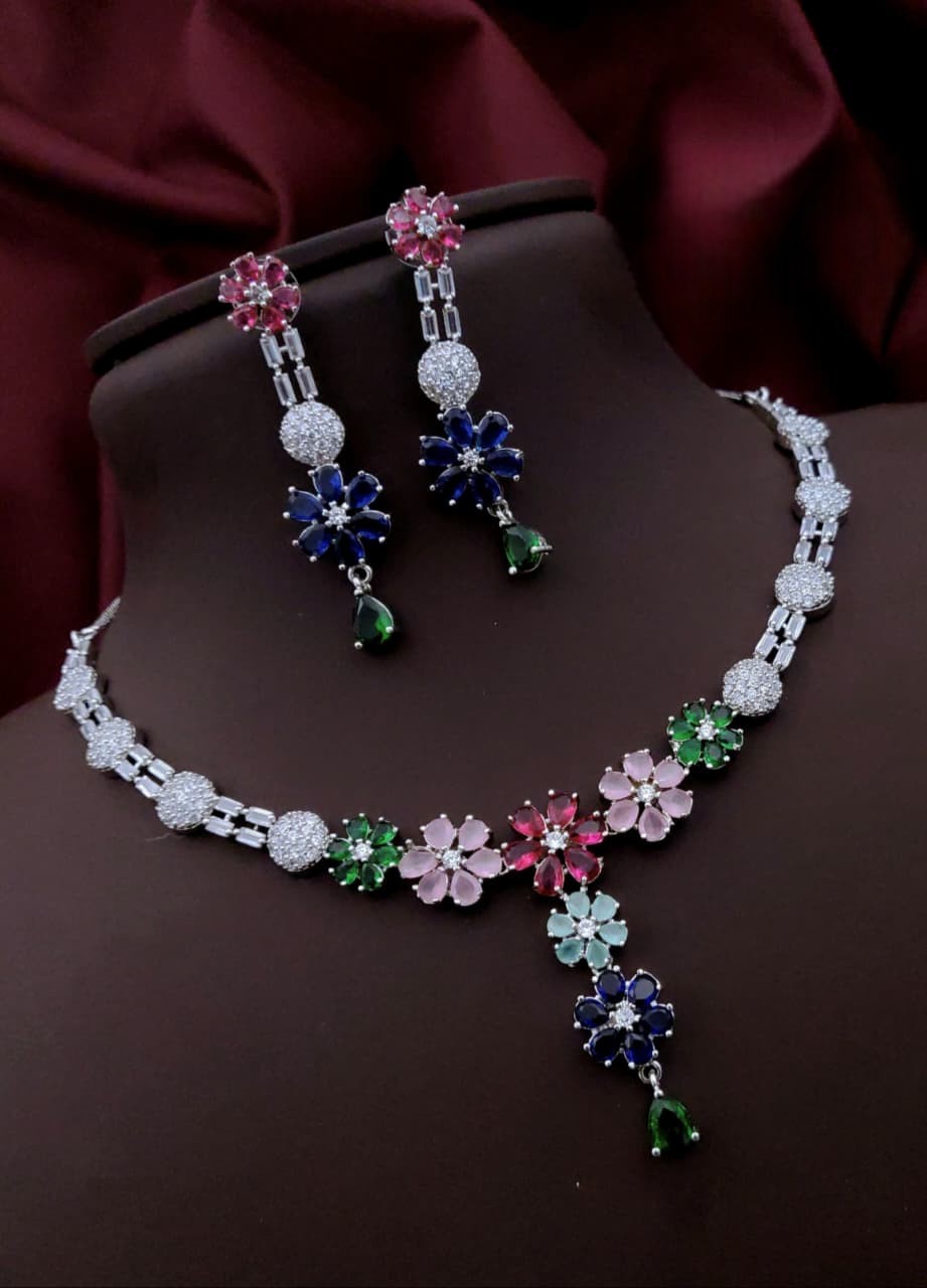 Silver-Plated Purple Stone Floral Necklace & Earrings Set | Elegant Bridal & Party Wear Jewelry for Women - Libasaa.com
