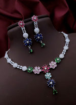 Silver-Plated Purple Stone Floral Necklace & Earrings Set | Elegant Bridal & Party Wear Jewelry for Women - Libasaa.com