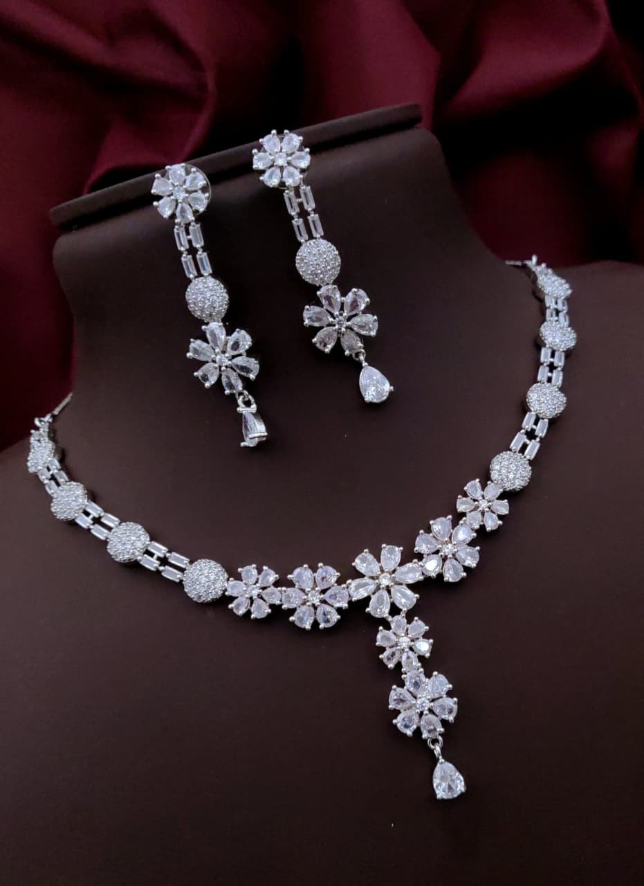 Silver-Plated Purple Stone Floral Necklace & Earrings Set | Elegant Bridal & Party Wear Jewelry for Women - Libasaa.com