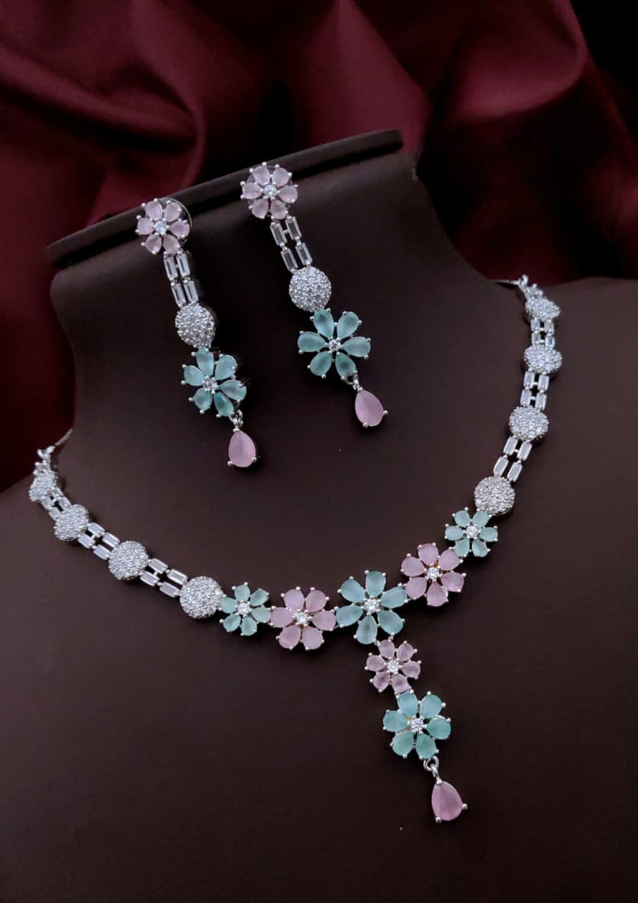 Silver-Plated Purple Stone Floral Necklace & Earrings Set | Elegant Bridal & Party Wear Jewelry for Women - Libasaa.com