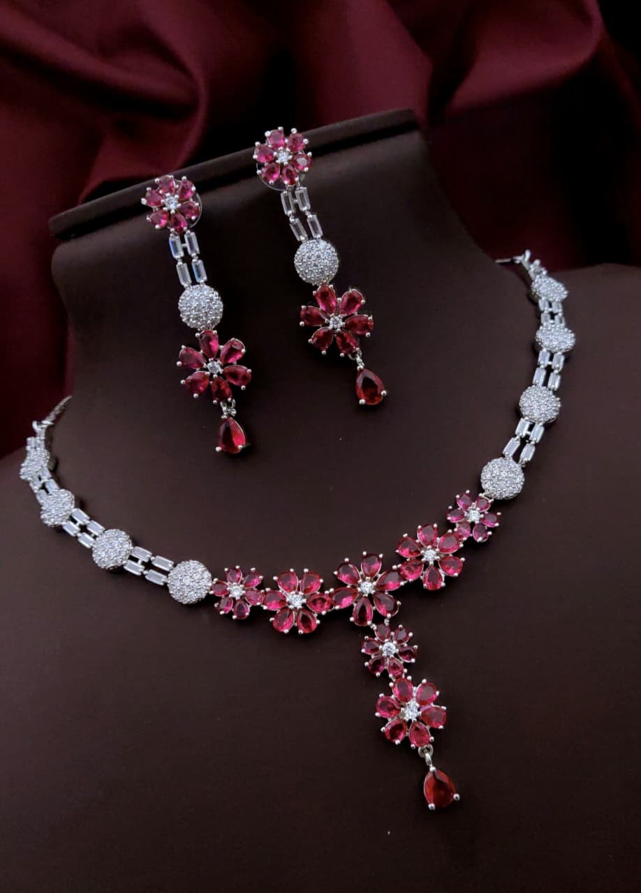 Silver-Plated Purple Stone Floral Necklace & Earrings Set | Elegant Bridal & Party Wear Jewelry for Women - Libasaa.com