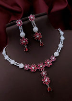 Silver-Plated Purple Stone Floral Necklace & Earrings Set | Elegant Bridal & Party Wear Jewelry for Women - Libasaa.com