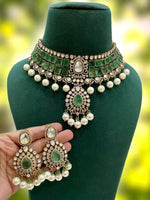 Emerald Green Kundan Choker Necklace Set with Pearls & Matching Earrings - Libasaa.com
