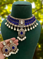 Emerald Green Kundan Choker Necklace Set with Pearls & Matching Earrings - Libasaa.com