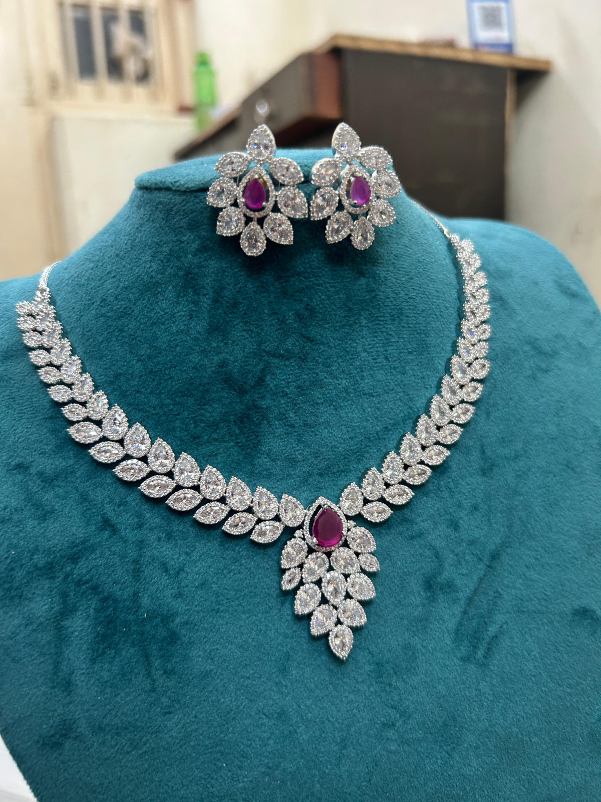Magenta Teardrop CZ Necklace Set with Floral Earrings Silver-Toned Statement Bridal Jewelry - Libasaa.com