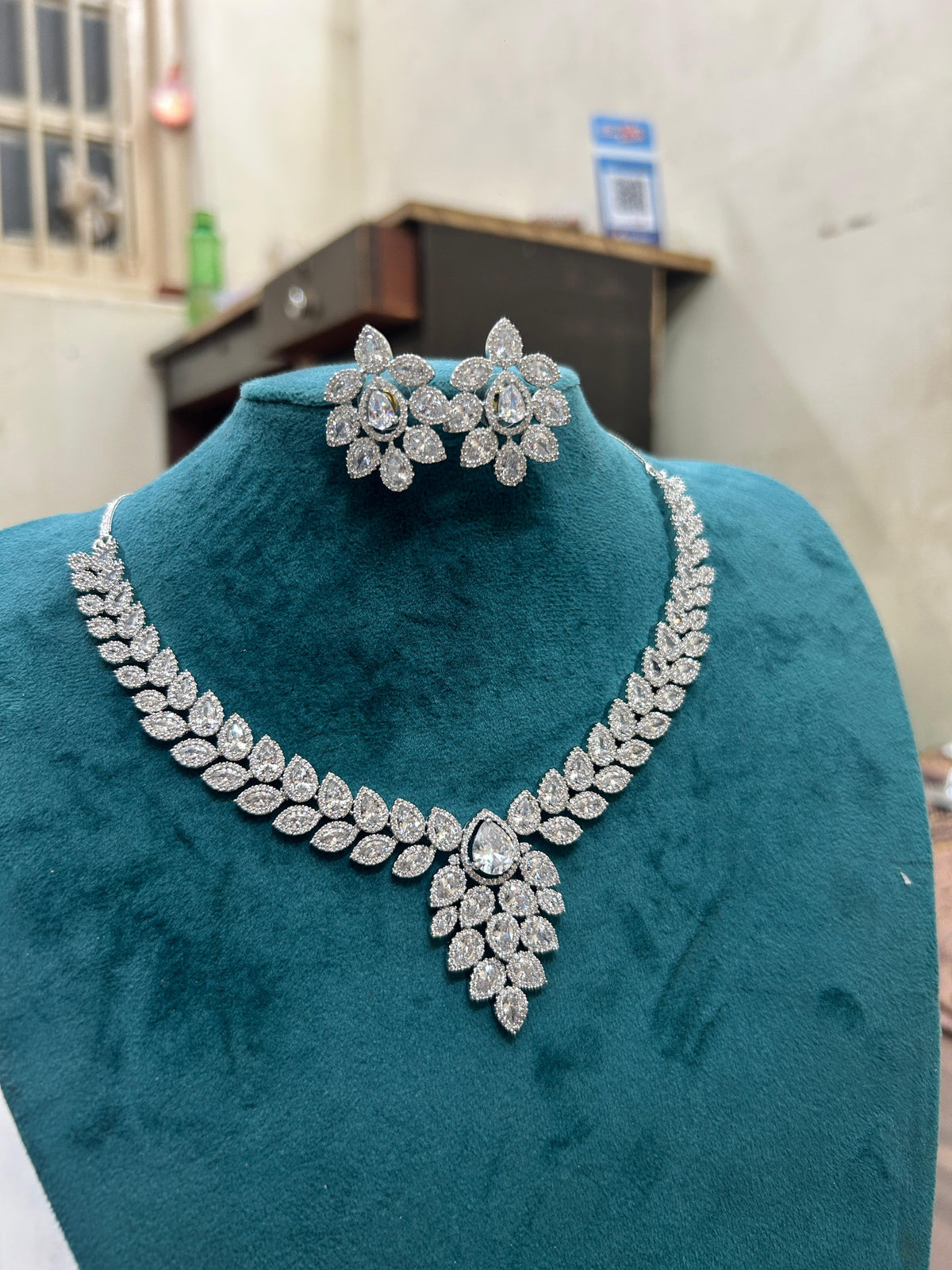 Magenta Teardrop CZ Necklace Set with Floral Earrings Silver-Toned Statement Bridal Jewelry - Libasaa.com