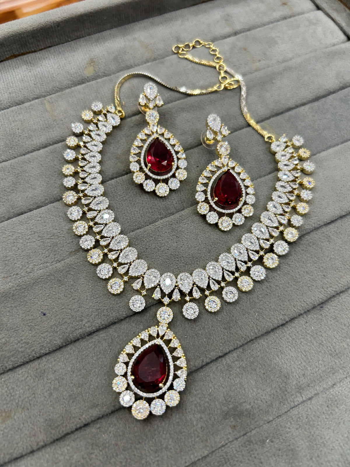 Luxury Teardrop CZ Diamond Choker Necklace Set with Earrings Silver-Toned Bridal Jewelry - Libasaa.com