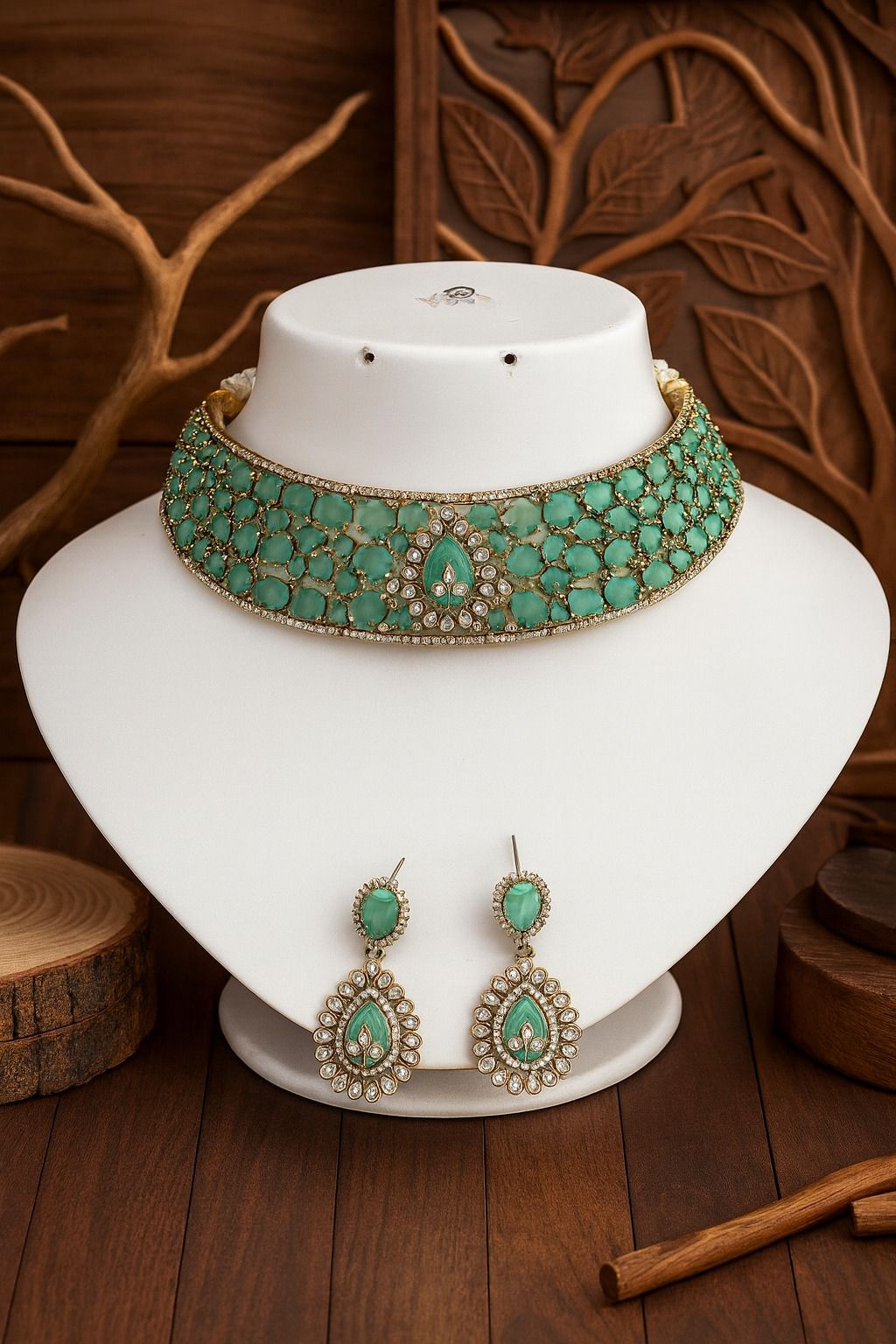 Radiant Crystal Bridal Choker Necklace & Earring Set – Antique Gold Finish - Libasaa.com