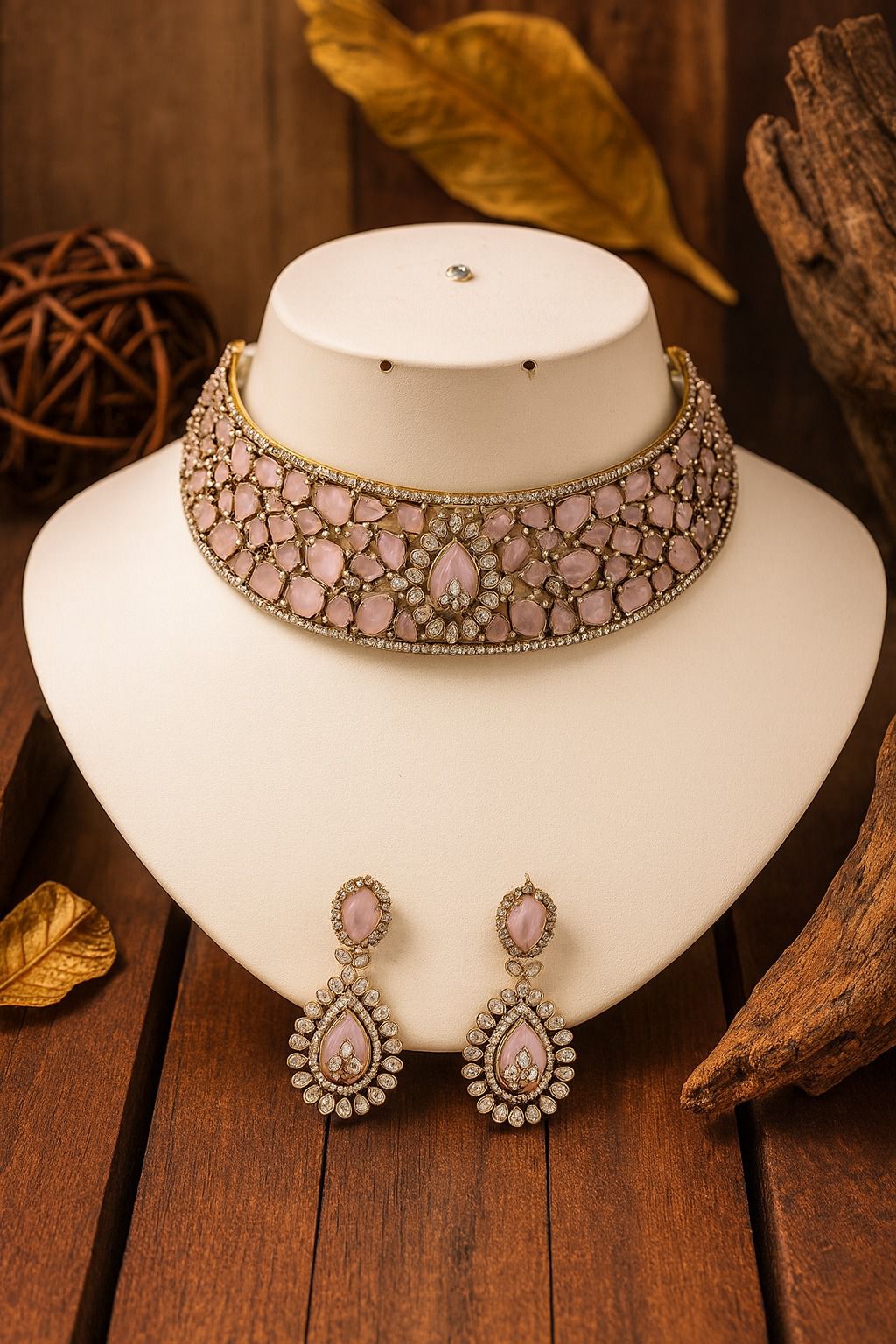 Radiant Crystal Bridal Choker Necklace & Earring Set – Antique Gold Finish - Libasaa.com