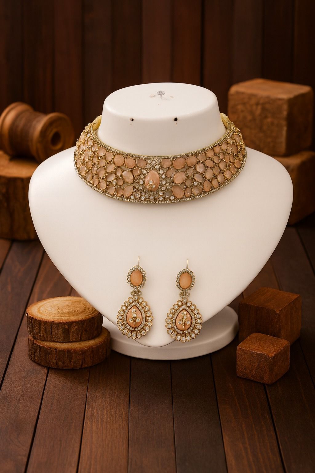 Radiant Crystal Bridal Choker Necklace & Earring Set – Antique Gold Finish - Libasaa.com