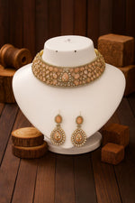 Radiant Crystal Bridal Choker Necklace & Earring Set – Antique Gold Finish - Libasaa.com
