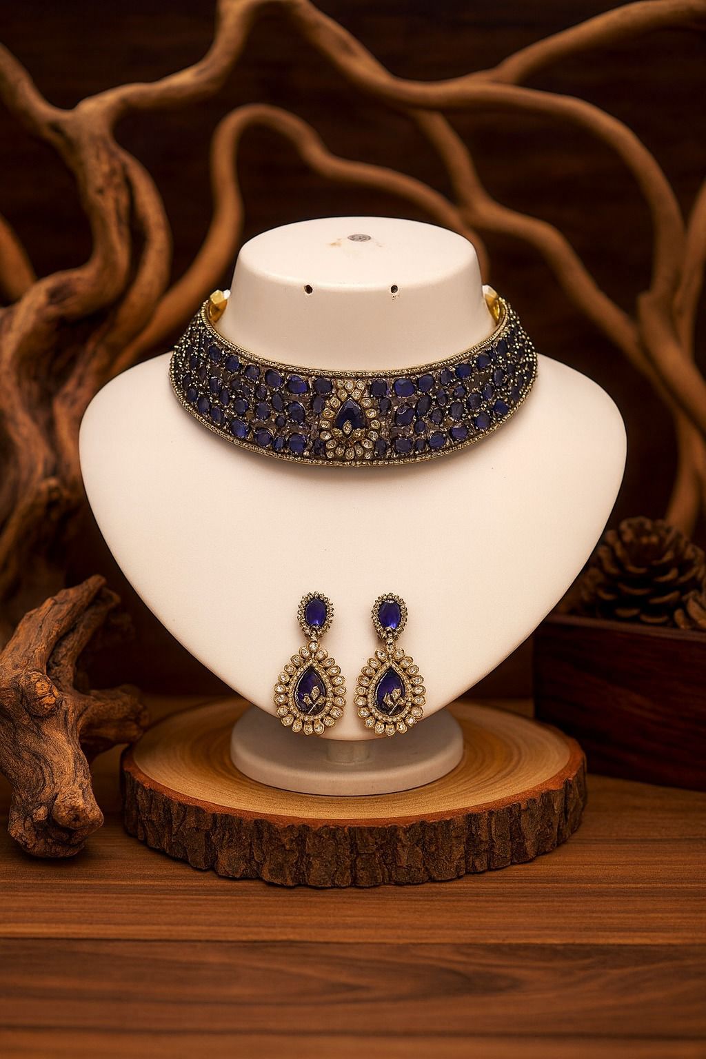 Radiant Crystal Bridal Choker Necklace & Earring Set – Antique Gold Finish - Libasaa.com