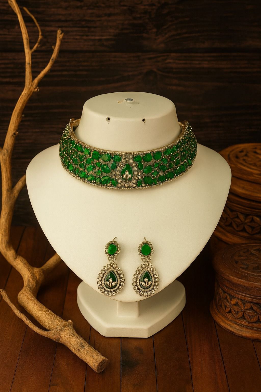 Radiant Crystal Bridal Choker Necklace & Earring Set – Antique Gold Finish - Libasaa.com