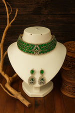 Radiant Crystal Bridal Choker Necklace & Earring Set – Antique Gold Finish - Libasaa.com