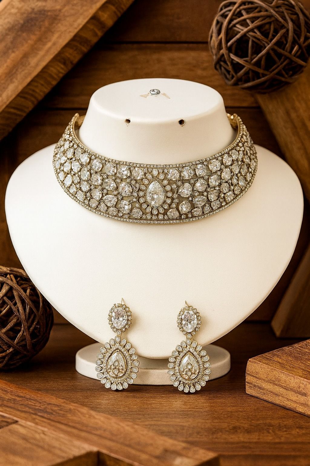 Radiant Crystal Bridal Choker Necklace & Earring Set – Antique Gold Finish - Libasaa.com