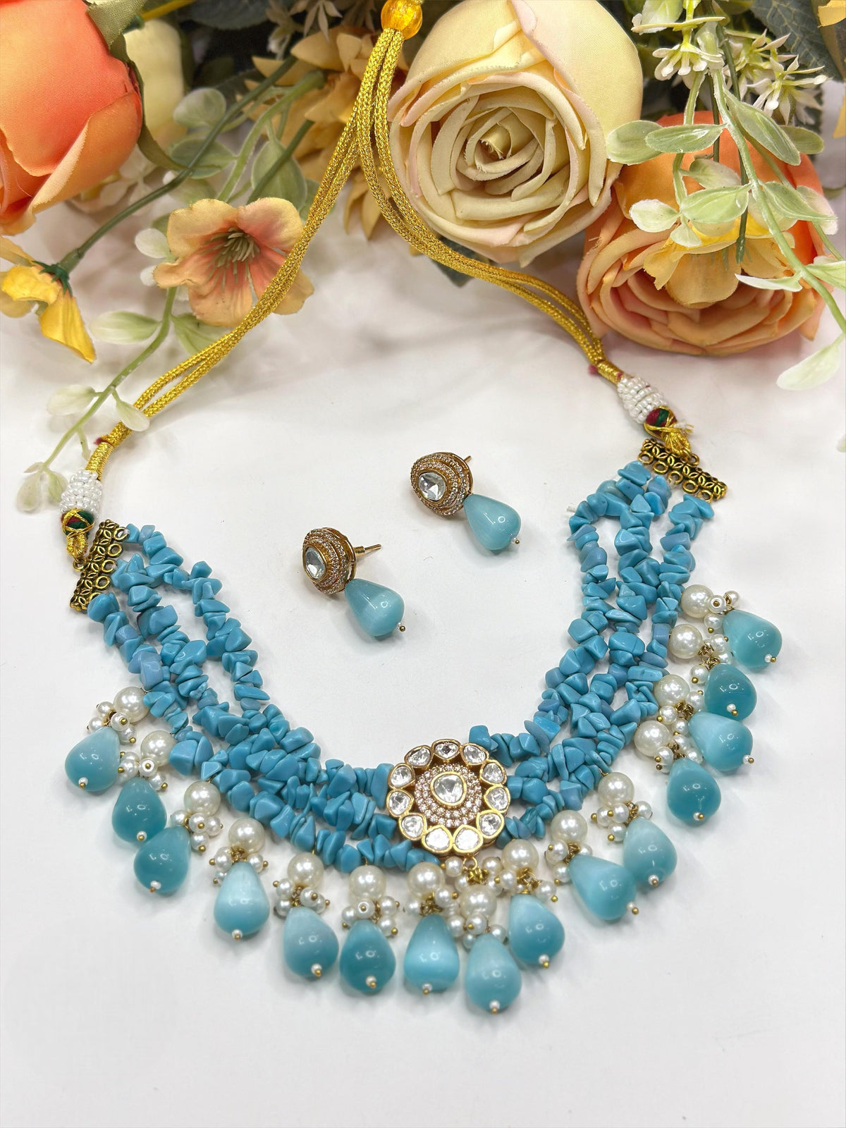 Handcrafted Coral Beaded Choker Necklace Set with Pearls & Kundan Centerpiece β Designer Ethnic Jewelry - Libasaa.com